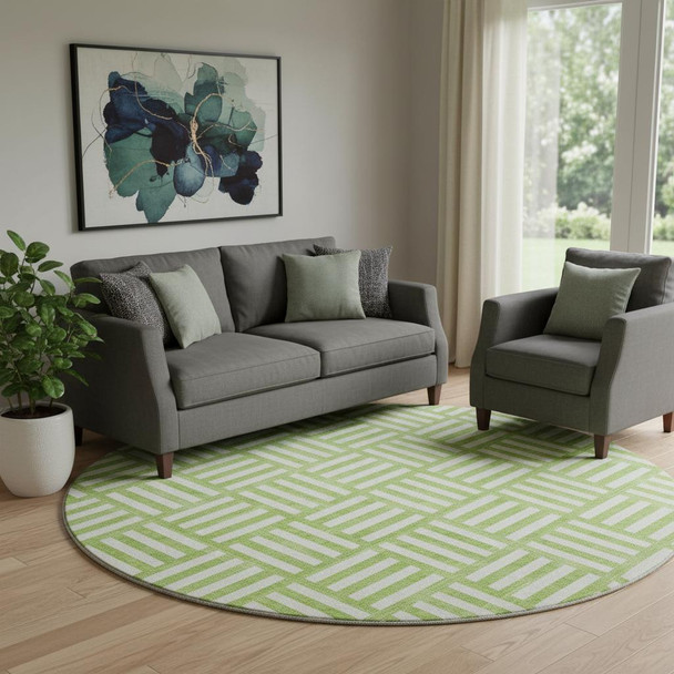 8' Lime Green And Ivory Geometric Washable Round Rug With UV Protection
