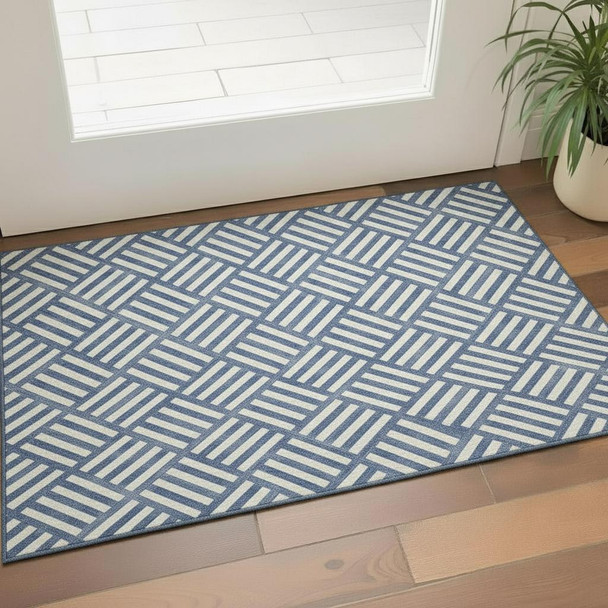 3' X 5' Navy Blue And Ivory Geometric Washable Area Rug With UV Protection