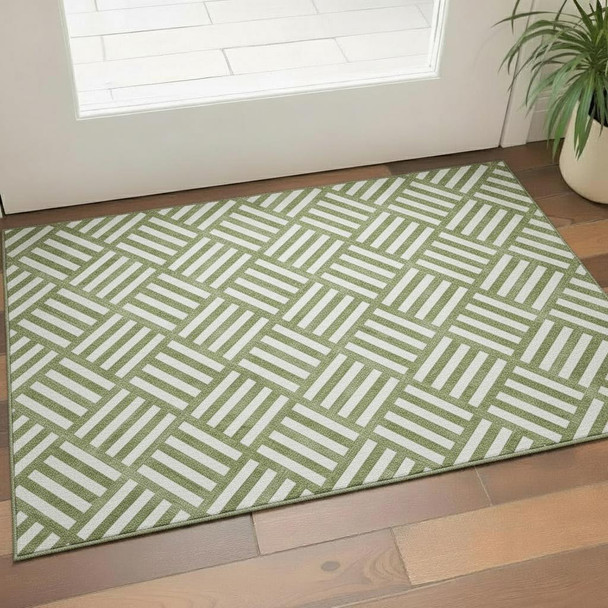 3' X 5' Olive Green And Ivory Geometric Washable Area Rug With UV Protection