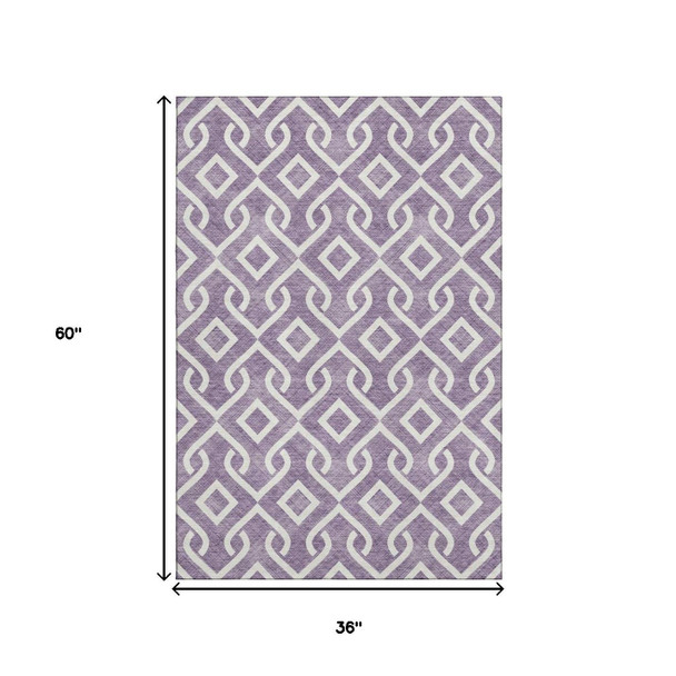 3' X 5' Purple And Ivory Geometric Washable Area Rug With UV Protection
