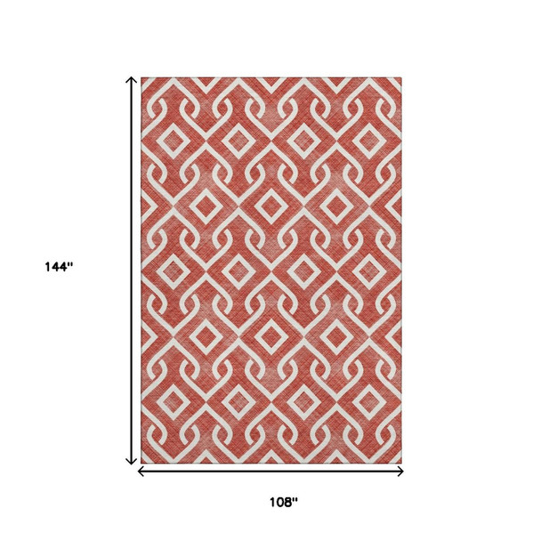 9' X 12' Red And Ivory Geometric Washable Area Rug With UV Protection