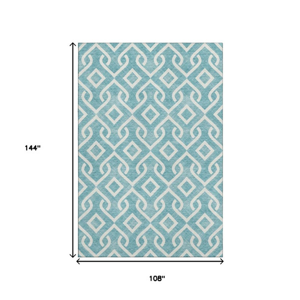 9' X 12' Teal And Ivory Geometric Washable Area Rug With UV Protection