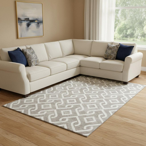 9' X 12' Taupe And Ivory Geometric Washable Area Rug With UV Protection
