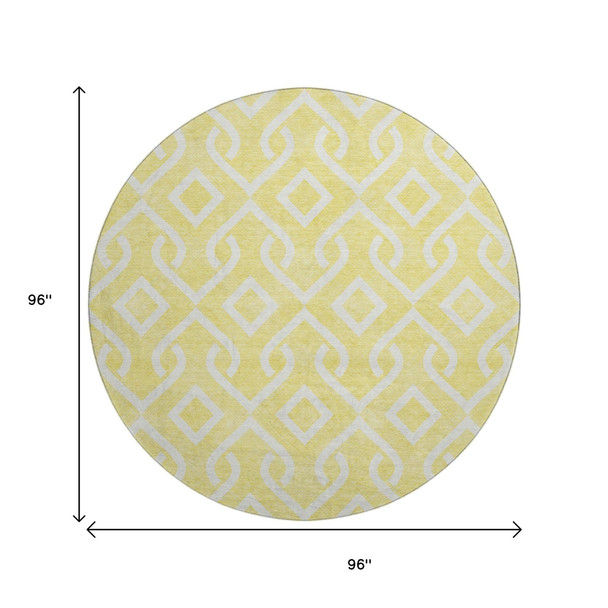 8' Yellow And Ivory Geometric Washable Round Rug With UV Protection