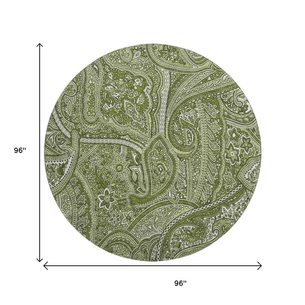 8' Green And Ivory Paisley Washable Round Rug With UV Protection