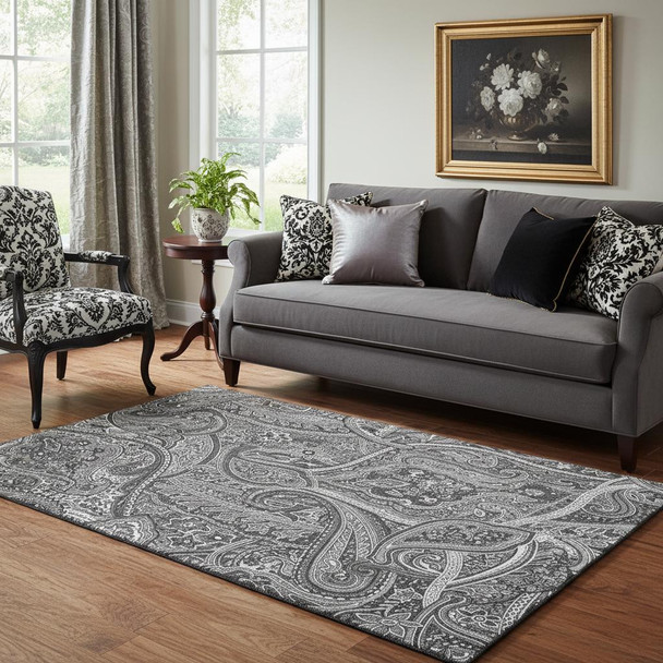 5' X 8' Gray And Ivory Paisley Washable Area Rug With UV Protection