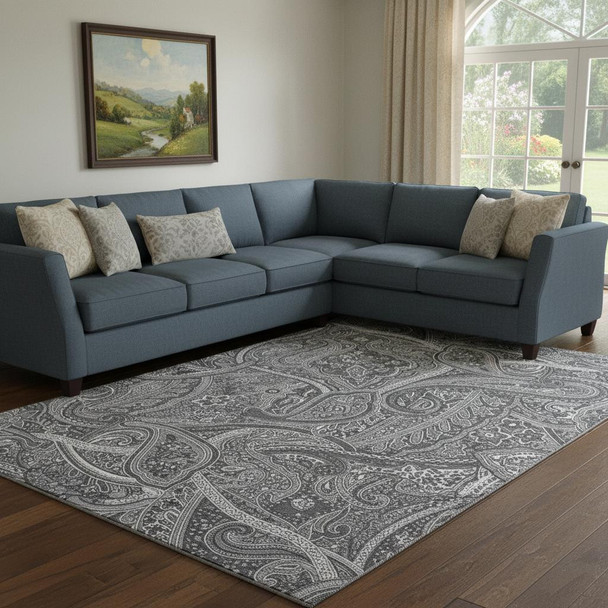 10' X 14' Gray And Ivory Paisley Washable Area Rug With UV Protection
