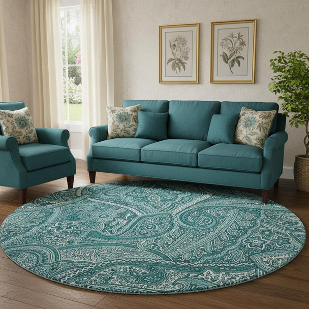 8' Teal And Ivory Paisley Washable Round Rug With UV Protection