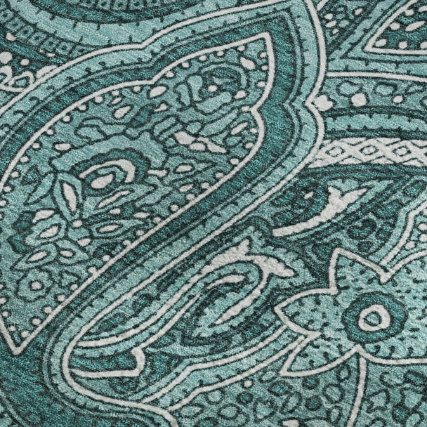 10' X 14' Teal And Ivory Paisley Washable Area Rug With UV Protection