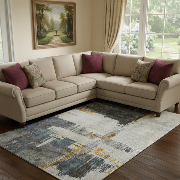 10' X 14' Charcoal Ivory And Gold Abstract Washable Area Rug With UV Protection