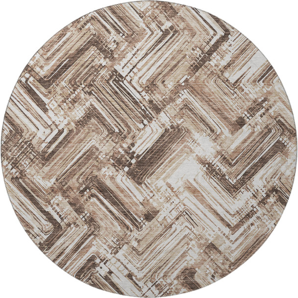 8' Brown And Ivory Chevron Washable Round Rug With UV Protection