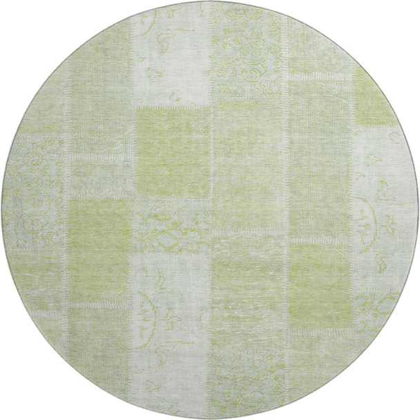 8' Artichoke Green And Ivory Patchwork Washable Round Rug With UV Protection