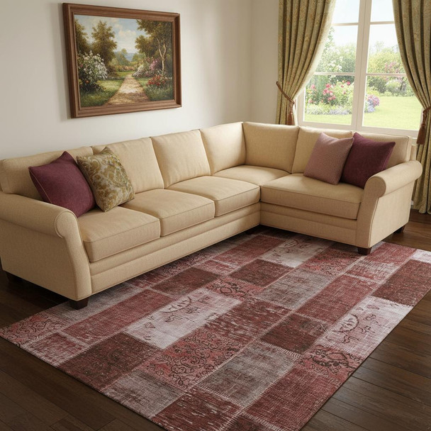 10' X 14' Burgundy And Ivory Patchwork Washable Area Rug With UV Protection