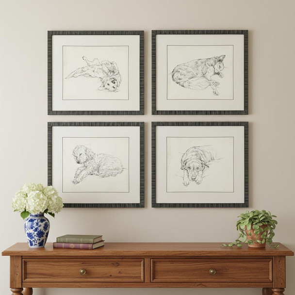 Set Of Four Antique Dog Sketch Distressed Black Framed Wall Art