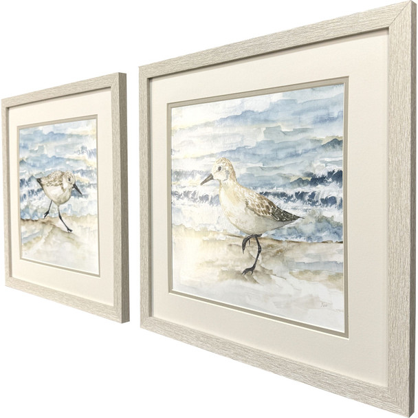 Set Of Two Beach Sandpipers Distressed White Framed Wall Art