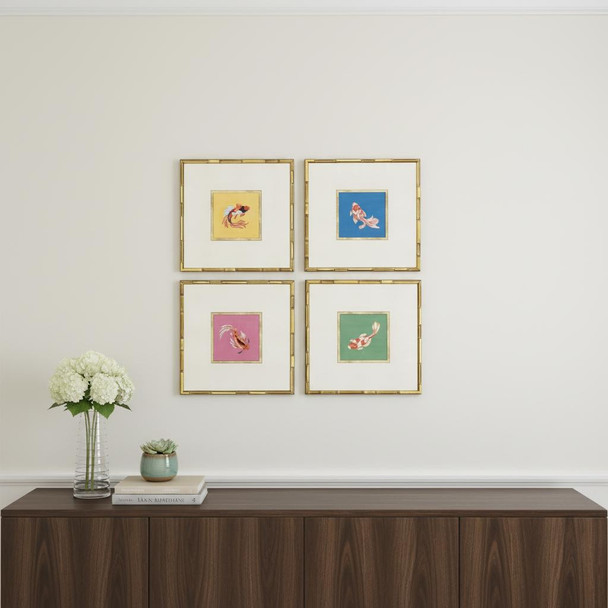 Set Of Four Colorful Koi Gold Framed Wall Art