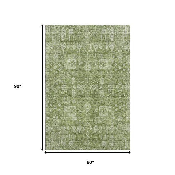 5' X 8' Artichoke Green And Ivory Floral Washable Area Rug With UV Protection
