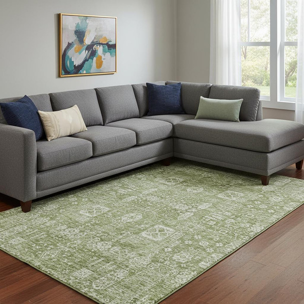 9' X 12' Artichoke Green And Ivory Floral Washable Area Rug With UV Protection