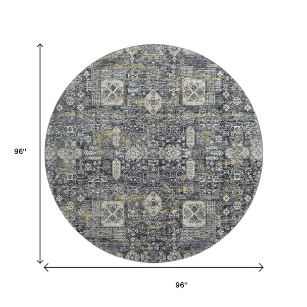 8' Charcoal Ivory And Gold Floral Washable Round Rug With UV Protection