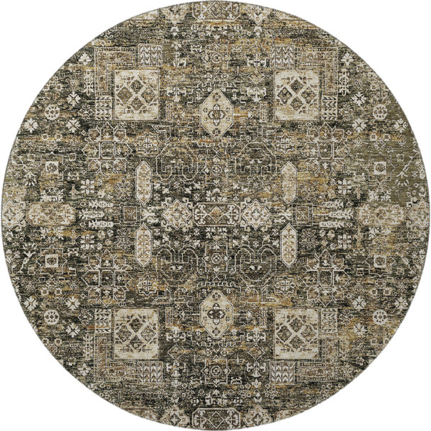 8' Coffee Ivory And Gold Floral Washable Round Rug With UV Protection