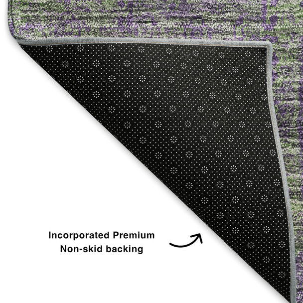 8' Fern Green And Purple Floral Washable Round Rug With UV Protection