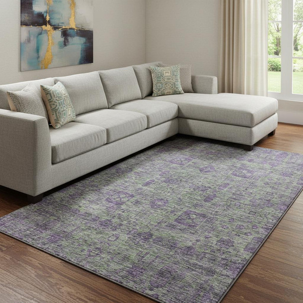 9' X 12' Fern Green And Purple Floral Washable Area Rug With UV Protection