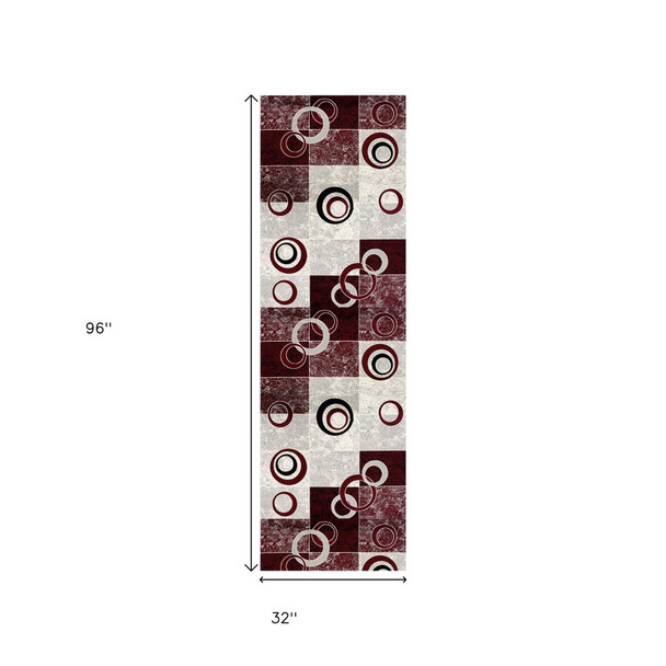 8' Red Abstract Power Loom Runner Rug