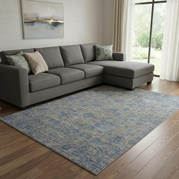 8' X 10' Khaki And Blue Floral Washable Area Rug With UV Protection