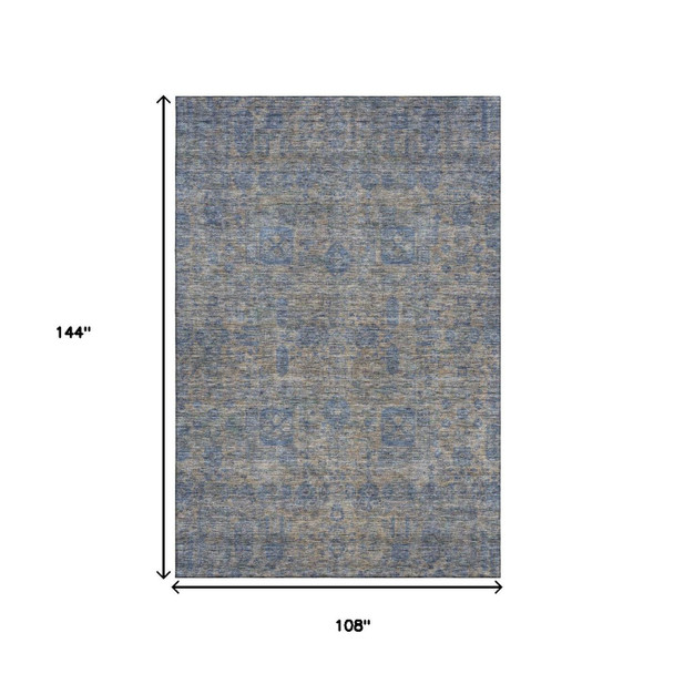 9' X 12' Khaki And Blue Floral Washable Area Rug With UV Protection