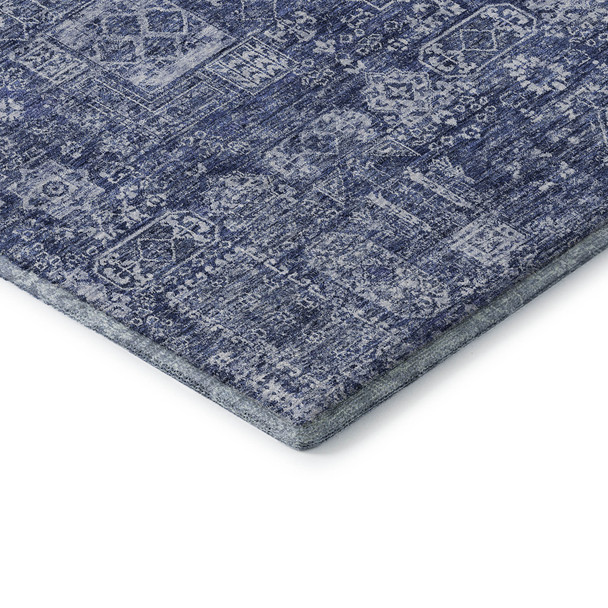 9' X 12' Navy Blue And Ivory Floral Washable Area Rug With UV Protection