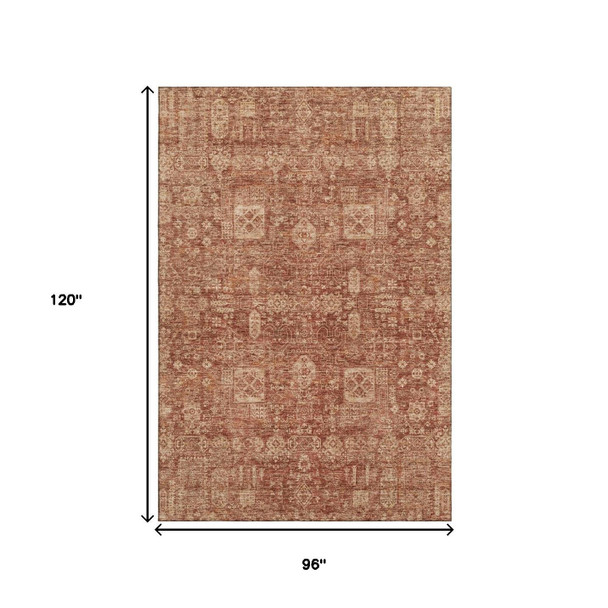 8' X 10' Chili Red And Copper Floral Washable Area Rug With UV Protection
