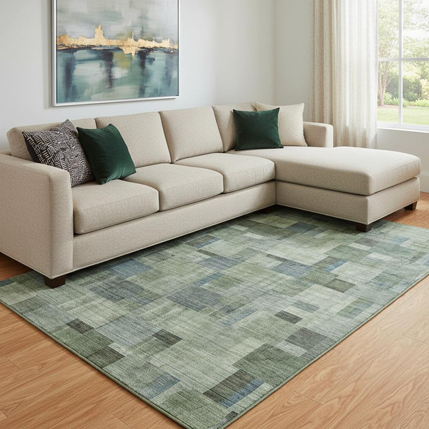 10' X 14' Green Blue And Gray Geometric Washable Area Rug With UV Protection
