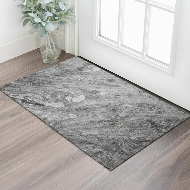 3' X 5' Gray And Ivory Abstract Washable Area Rug With UV Protection