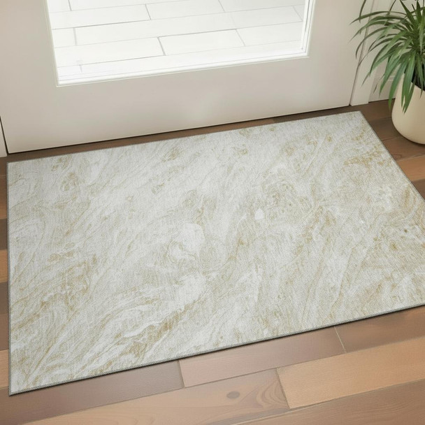 3' X 5' Ivory And Beige Abstract Washable Area Rug With UV Protection