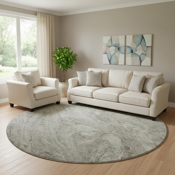 8' Taupe And Ivory Abstract Washable Round Rug With UV Protection
