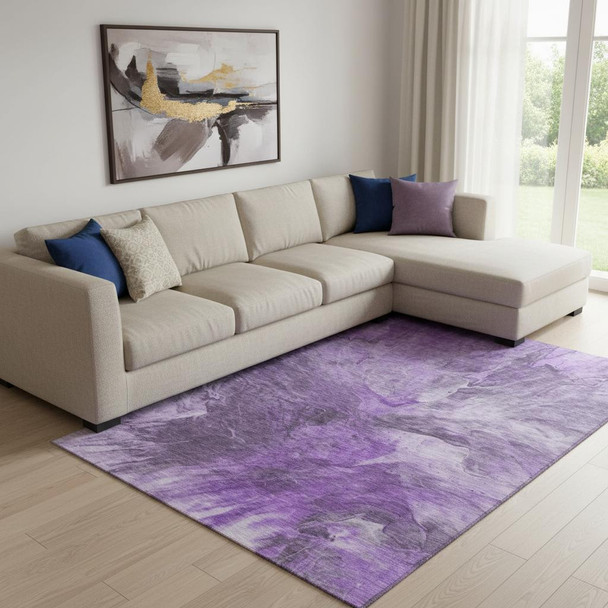 9' X 12' Purple Ivory And Gray Abstract Washable Area Rug With UV Protection