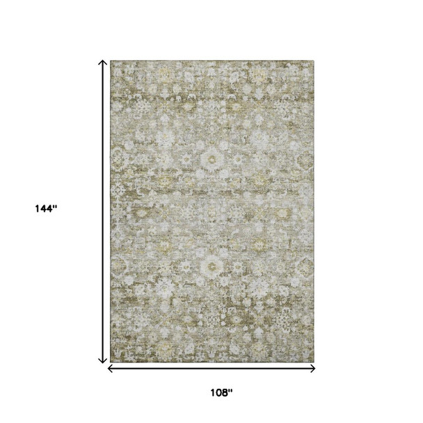 9' X 12' Taupe Ivory And Gold Oriental Washable Area Rug With UV Protection