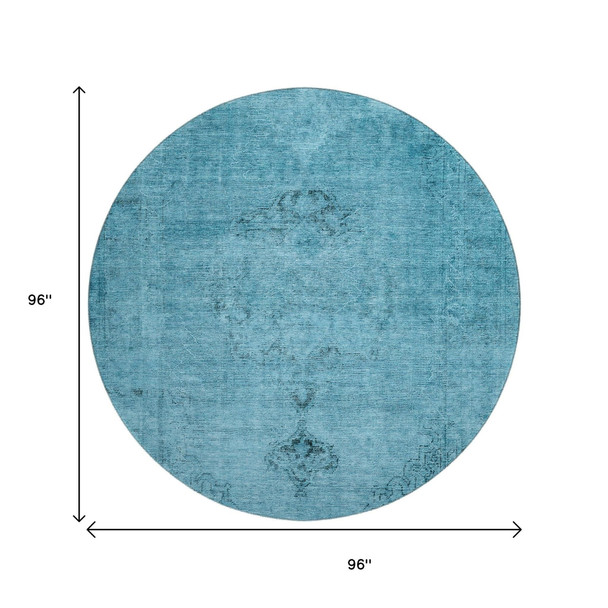 8' Blue And Gray Oriental Washable Round Rug With UV Protection