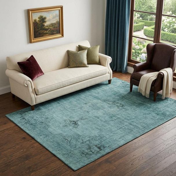 5' X 8' Teal And Ivory Oriental Washable Area Rug With UV Protection
