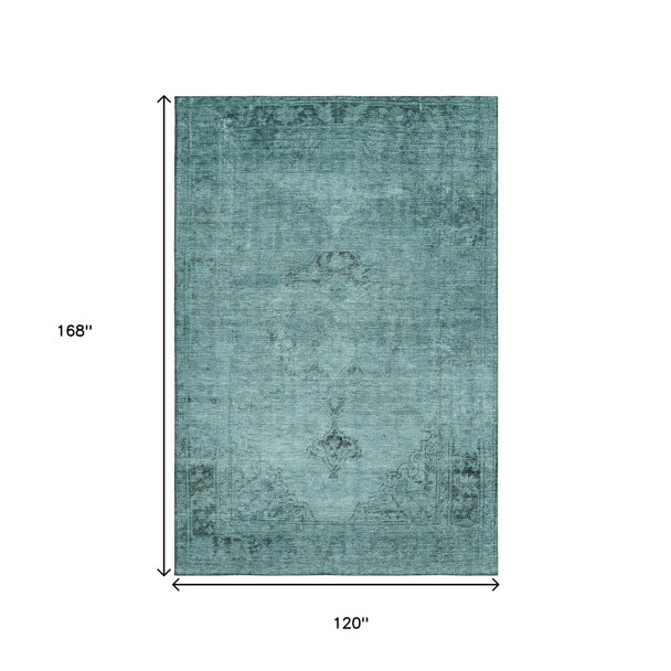10' X 14' Teal And Ivory Oriental Washable Area Rug With UV Protection
