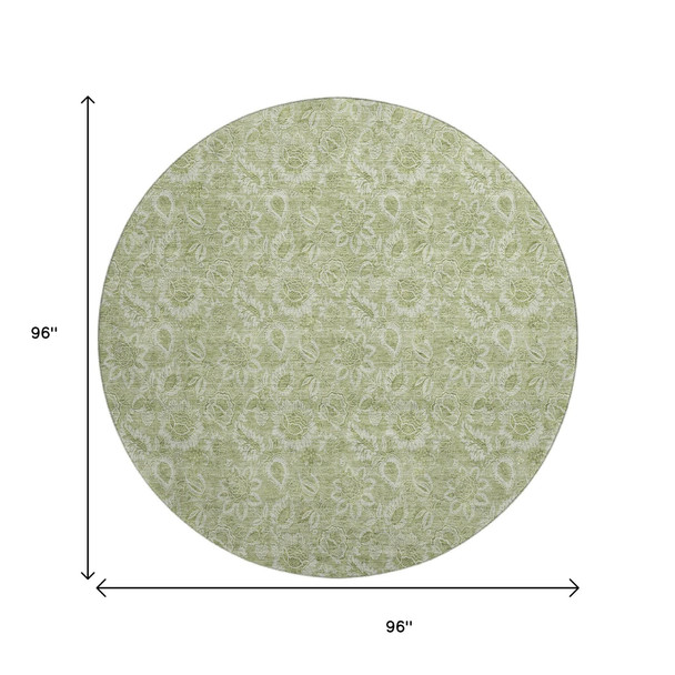 8' Artichoke Green And Silver Floral Washable Round Rug With UV Protection