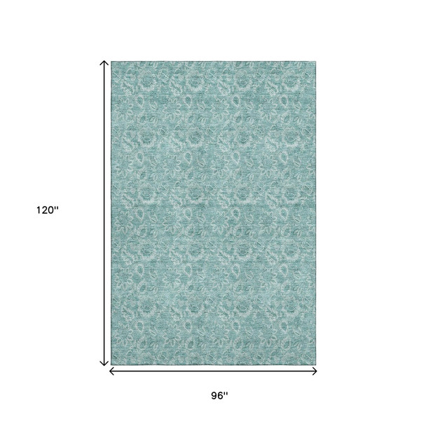 8' X 10' Teal And Ivory Floral Washable Area Rug With UV Protection