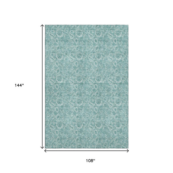 9' X 12' Teal And Ivory Floral Washable Area Rug With UV Protection