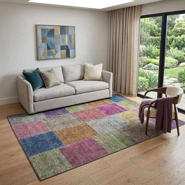 5' X 8' Copper Blue And Purple Patchwork Washable Area Rug With UV Protection