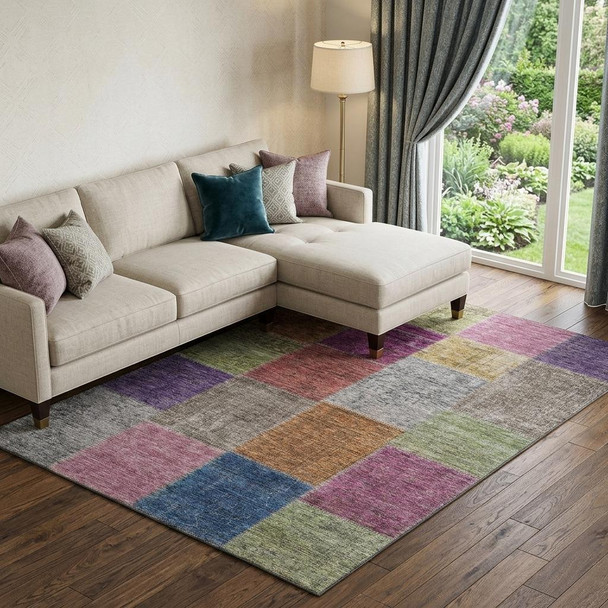 9' X 12' Copper Blue And Purple Patchwork Washable Area Rug With UV Protection