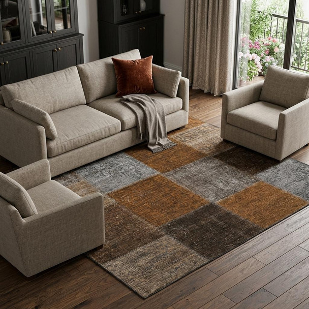 9' X 12' Rust Brown And Gray Patchwork Washable Area Rug With UV Protection