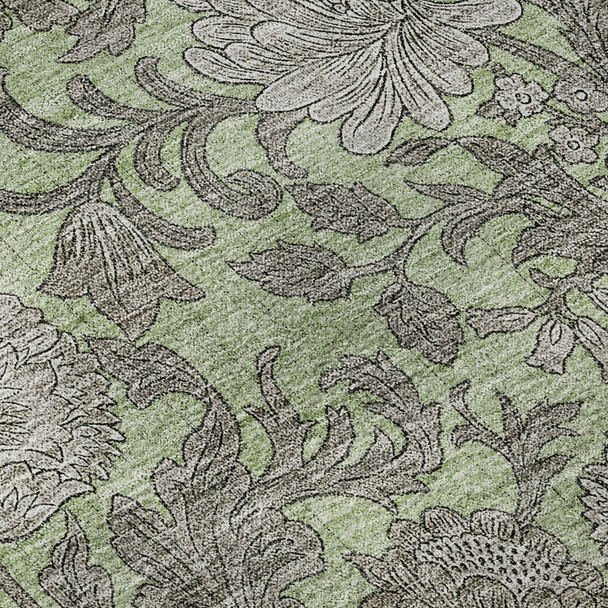 3' X 5' Artichoke Green And Gray Floral Washable Area Rug With UV Protection