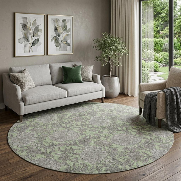 8' Artichoke Green And Gray Floral Washable Round Rug With UV Protection