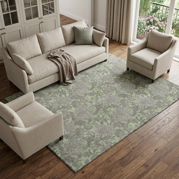 8' X 10' Artichoke Green And Gray Floral Washable Area Rug With UV Protection
