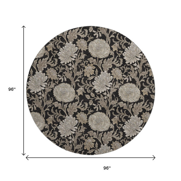 8' Black And Beige Floral Washable Round Rug With UV Protection
